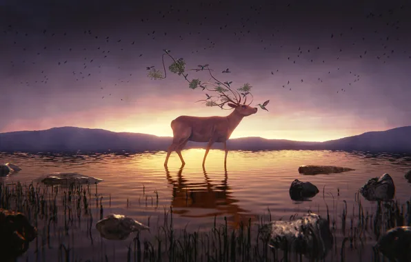 The sky, water, mountains, nature, deer, Hummingbird, fanetti, 3D graphics