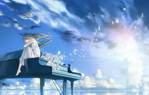 Picture the sky, water, girl, flowers, piano