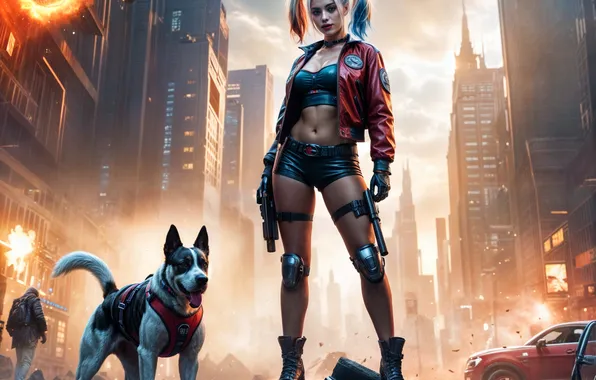 Girl, street, dog, cyborg, Harley Quinn, the image is generated by AI