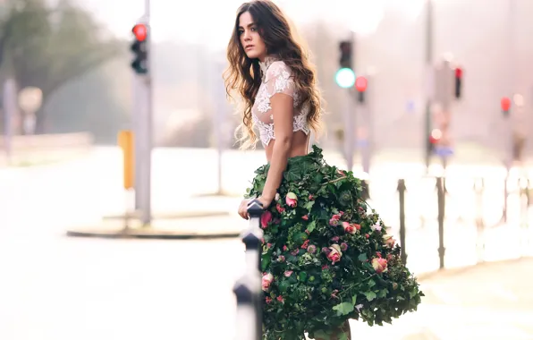 Picture leaves, girl, flowers, the city, skirt, David Olkarny, Flowers in town