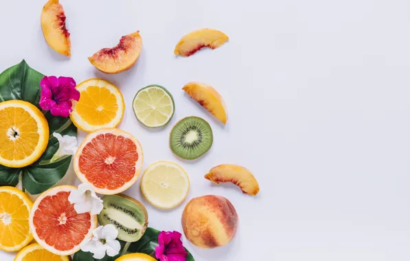 Flowers, lemon, orange, kiwi, lime, fruit, peach, grapefruit