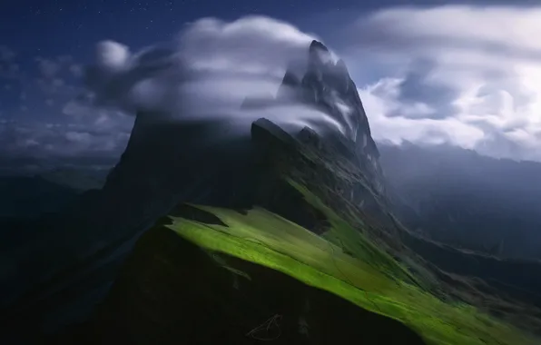 The sky, stars, clouds, mountains, night, slope