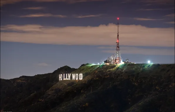 Hollywood, sign, night
