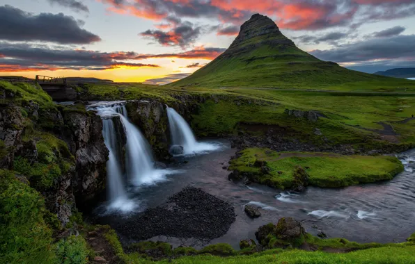 Picture waterfall, the volcano, mountains, shore, view, Iceland