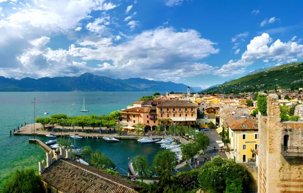 Picture trees, mountains, nature, castle, Marina, home, boats, Italy