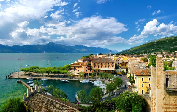 Trees, mountains, nature, castle, Marina, home, boats, Italy