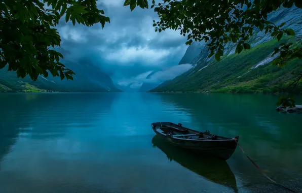 Picture forest, clouds, landscape, mountains, nature, lake, boat, plants