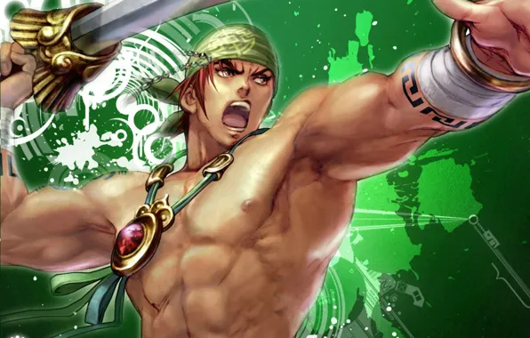 Sword, rage, amulet, manga, bandana, torso, green background, muscles