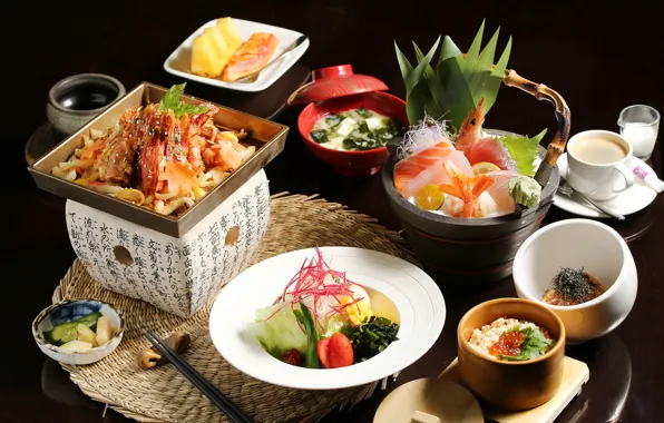 Fish, vegetables, caviar, sushi, seafood, meals, cuts