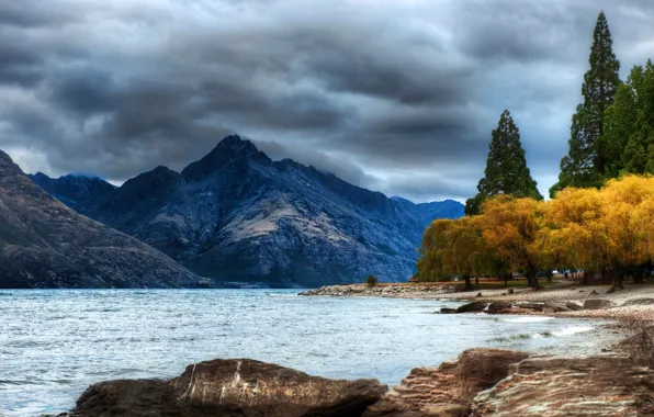 Picture autumn, the sky, trees, mountains, clouds, lake, hdr