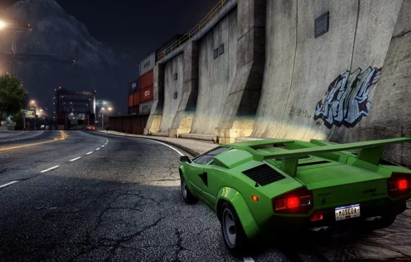 Night, the city, sports car, classic, view, Lamborghini Countach, need for speed most wanted 2012