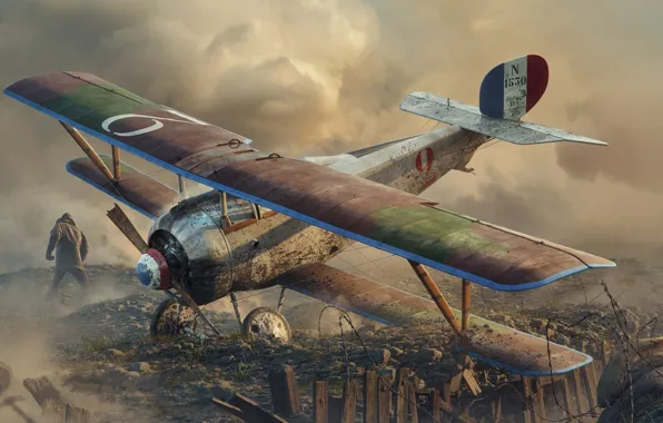 Picture Biplane, Barbed wire, WWI, piston fighter, Nieuport 17, Nieuport 17