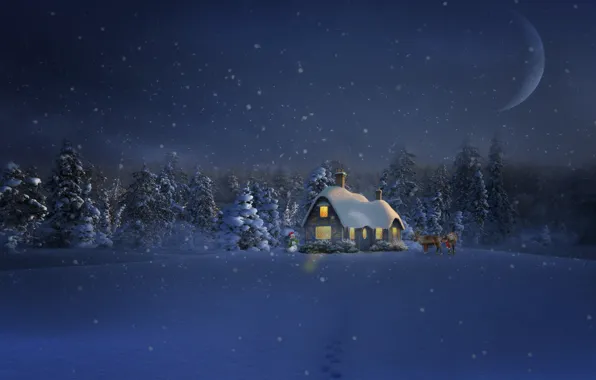 Winter, forest, snow, traces, ate, house, snowman, deer
