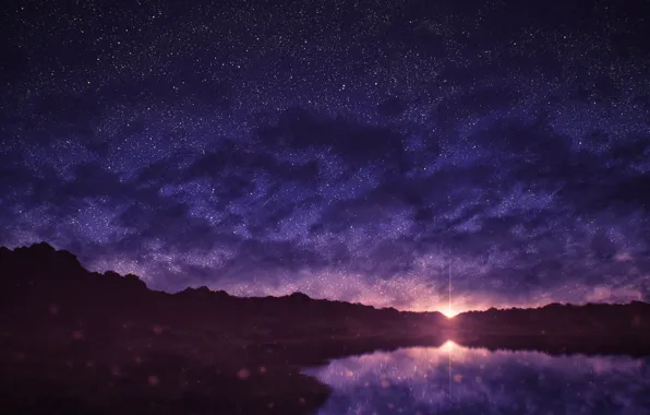 Wallpaper pond, sunset, starry sky, nature