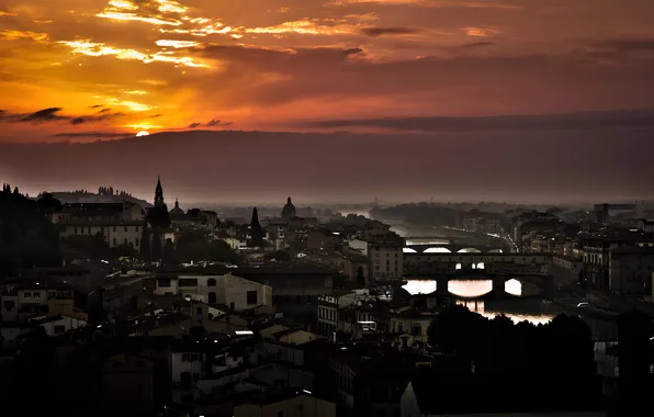 Sunset, horizon, night city