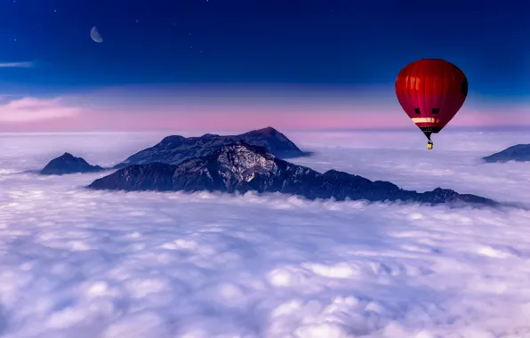 Clouds, sunset, mountains, balloon, Switzerland, Alps