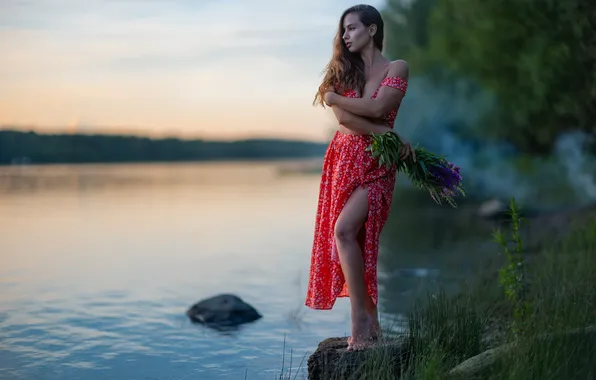 Girl, flowers, pose, river, mood, hands, leg, long hair
