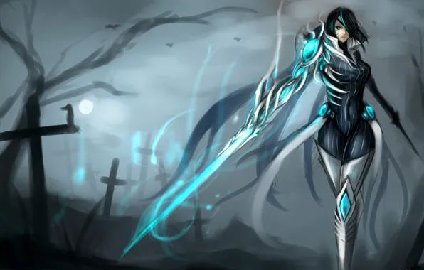 Picture look, girl, night, weapons, crosses, cemetery, art, eye patch, League of legends, Fiora, Kumiko