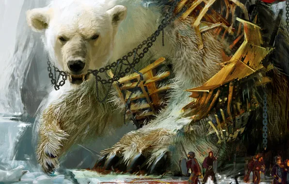 Picture the wreckage, people, bear, art, chain, giant, Guild Wars