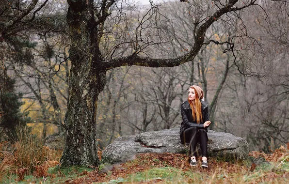 Picture girl, trees, hat, red, sitting
