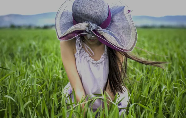Field, girl, the wind, hat
