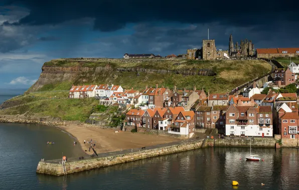 Picture sea, the sky, clouds, the city, castle, boat, tower, mountain