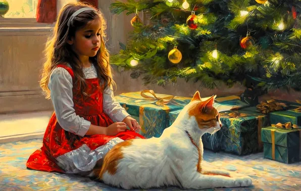 Cat, holiday, child, girl, gifts, New year, tree, box