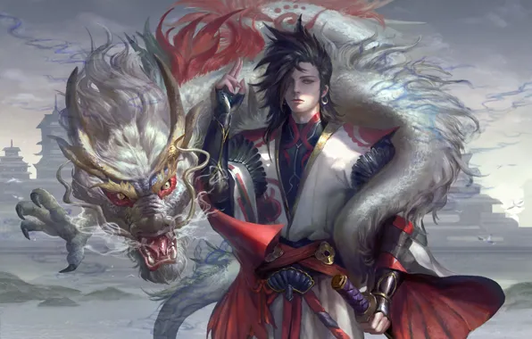 Picture weapons, dragon, Japan, fantasy, art, guy