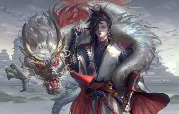 Weapons, dragon, Japan, fantasy, art, guy