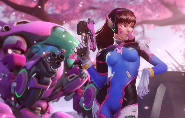 Girl, gun, robot, gum, Overwatch, D.Va, Hana Song