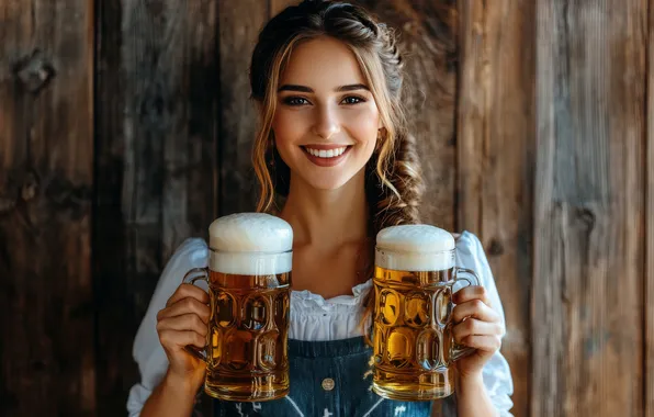 Glass, foam, girl, smile, Board, beer, mugs, the waitress