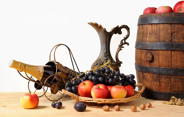Picture apples, grapes, pitcher, fruit, nuts, champagne, basket, barrel