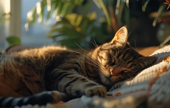 Cat, cat, leaves, light, pose, grey, sleep, plants