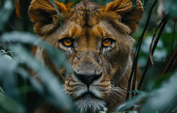 Look, Leaves, Lioness, Face, Digital art, Big cat, Closeup, Predator