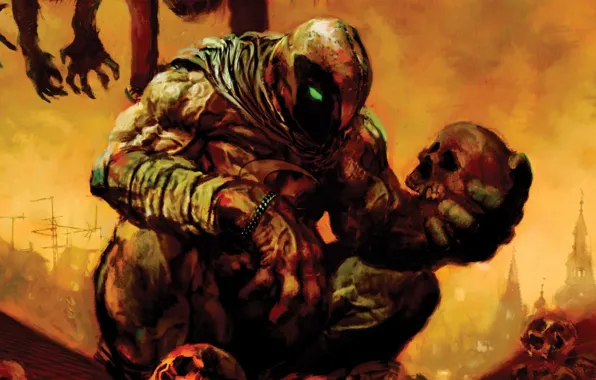 The sky, the city, people, skull, corpses, comic, Moon Knight, Moon knight