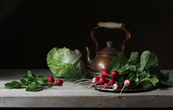 The dark background, table, kettle, dill, the beam, still life, vegetables, cabbage