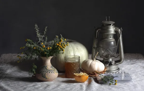 Flowers, glass, lemon, lantern, pumpkin, still life
