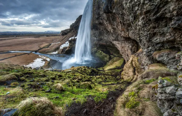 Picture the sky, clouds, mountains, rocks, waterfall