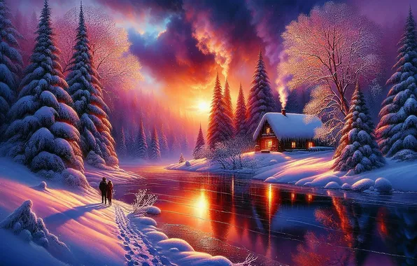 Winter, the sky, clouds, snow, trees, night, river, smoke