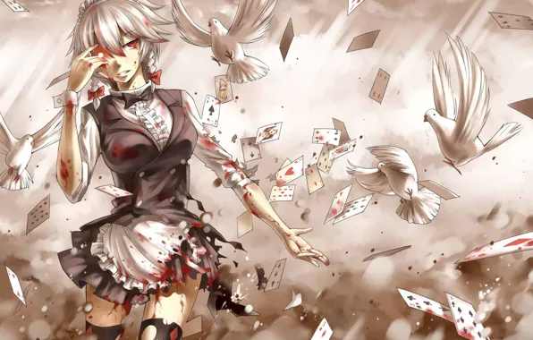 Pigeons, the maid, torn clothes, Izayoi Sakuya, burning eyes, blood spatter, Touhou Project, playing cards