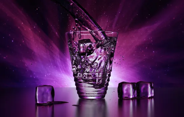 Ice, purple, water, drops, light, squirt, transparent, glass