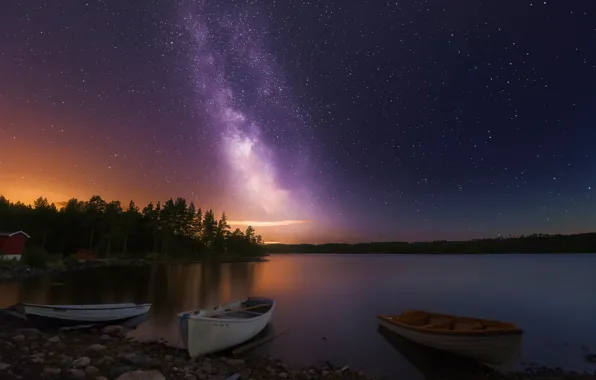 Night, lake, stars, boats, Norway, Three of a Kind