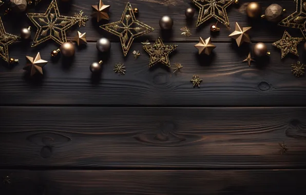 Stars, decoration, the dark background, balls, New Year, Christmas, golden, new year