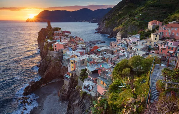 Landscape, sunset, Italy, Vernazza, Cinque Terre, The Ligurian coast