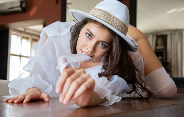 Look, face, hat, brunette, blouse, blue eyes, Alissa Foxy