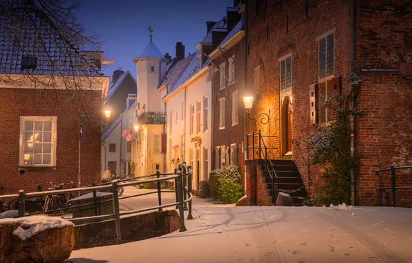 Picture snow, street, building, home, the evening, lights, Netherlands, Netherlands