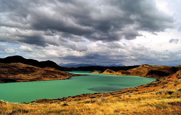 Picture clouds, mountains, river, shore, Argentina, Patagonia