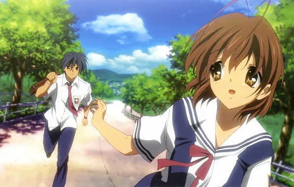 Picture road, summer, the sky, two, alley, clannad, school uniform, Nagisa Furukawa
