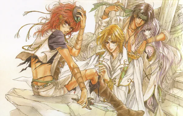 Red, stage, dagger, guys, cloak, manga, friends, long hair