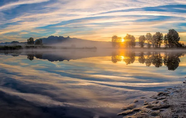 The sky, clouds, trees, sunset, river, Canada, panorama, Canada